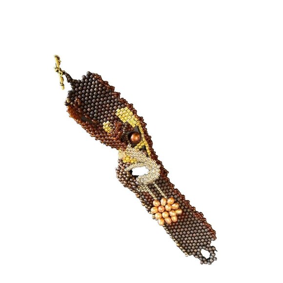 Artisan Peyote Stitch Bracelet Faceted Onyx Stone Center Glass Quartz Pearl Bead - Picture 2 of 7